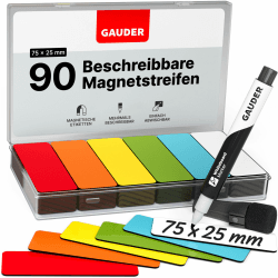 GAUDER Magnetetiketten beschreibbar (75 x 25 mm) | 90 Stück Magnetschilder zum Beschriften | Magnetkarten ideal für Kanban Board, Whiteboard & Tafel Mix (6 Farben)