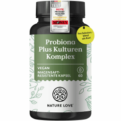 NATURE LOVE® Probiona PLUS - 120 Mrd KBE je Tagesdosis (hochdosiert) - 20 Bakterienstämme + Bio Inulin - 60 magensaftresistente Kapseln - Vegan, in Deutschland produziert