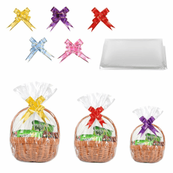 LALAGO Große Geschenkfolie Transparent Cellophantüten, 30 Stück 3 Größen Klare Korbtaschen Cellophan Taschen, Durchsichtiges Geschenkpapier Cellophantüten Mit Bögen-Band für Körbe Blumen Hochzeit Set A