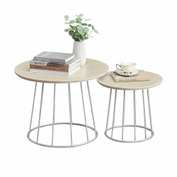 VASAGLE Couchtisch rund, 2er Set, modern, runder Beistelltisch, mit Stahlgestell, für Wohnzimmer, Schlafzimmer, naturbeige LCT045K67