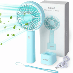 memumi Handventilator mit 3 Geschwindigkeiten, Fan USB wiederaufladbare tragbare Tischventilator Handheld-Ventilator für Home Office Travel, mit abnehmbaren Sockel & Fingerschlaufe & USB-Kabel - Blau
