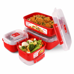 Sistema Microwave-Heat & Eat Frischhaltedosen Set | 4 rechteckige Mikrowellen-Vorratsdosen mit Deckeln (2 x 1,25 l + 2 x 525 ml) | verschließbare Clips und Belüftungsventile | BPA-frei [82005] 2x 1.25 Litre + 2x 525 ml Rot