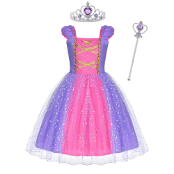 ACWOO Mädchen Prinzessin Kostüm, Rapunzel Lang Kleid Party Cosplay Verkleidung Festlich Karneval Festkleid Maxikleid Geburtstagsfeier mit Krone und Zauberstab 120