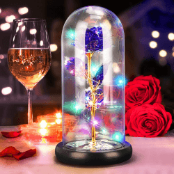 DASIAUTOEM Ewige Rose im Glas, Ewige Rosen Die Schöne und das Biest Rose Seidenrose und LED-Licht auf Holzsockel, Romantische Geschenk zum Muttertag Hochzeitstag Geschenke,Geschenk für Frau Freund Violett