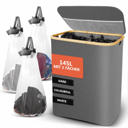 SOUTHGATE 145L Wäschekorb 3 Fächer mit Deckel, Faltbare Wäschesammler mit herausnehmbaren Wäschesack, XXL Wäschesortierer, Laundry Basket 3 Compartments, Wäschebox, Wäschetonne, Wasserdicht, Grau 145L-3 Fächer Grau mit Deckel