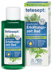 tetesept Erkältungszeit Bad – Gesundheitsbad für die kalte Jahreszeit mit 5 ätherischen Ölen – Wohltuender Badezusatz zur Entspannung von Körper und Geist – 1 x 125 ml