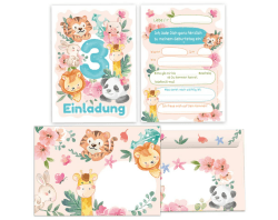 12 Einladungskarten incl. 12 Umschläge zum 3. Kindergeburtstag dritte Geburtstag Tiere Mädchen Jungen Panda Löwe Tiger 12 Karten + 12 Umschläge