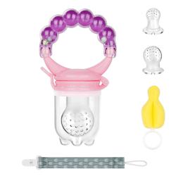Vicloon Fruchtsauger Baby,Fruchtsauger Set mit Schnullerkette, Schwammbürste,3 Silikon Sauger Ersatz,BPA-freie Zahnungshilfe, fruchtsauger baby ab 3 monate für Obst, Gemüse, Brei und Beikost… Rasselstil - Lila1