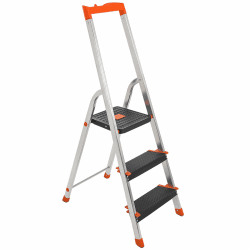 SONGMICS Leiter mit 3 Stufen, Aluleiter, 12 cm breite Stufen mit Riffelung, Anti-Rutsch-Füße, mit Handlauf, Werkzeugschale, bis 150 kg belastbar, schwarz-orange GLT03BK