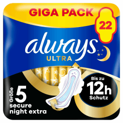 Always Ultra Binden Damen Gr. 5, Secure Night Extra (22 Damenbinden mit Flügeln) Giga Pack, dünn und super saugfähig, geruchsneutralisierend und Auslaufschutz
