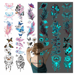Acevegue 18 Blätter Glow in the Dark Temporäre Tattoos Set, Blue Leuchtende Schmetterling Feder Rose Blumen Fake Tattoos aufkleber für Erwachsene Männer Frauen, Party Favors Nachtclub Kneipe