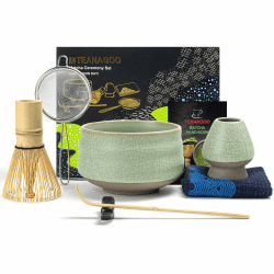 TEANAGOO Matcha Set| Matcha Besen|Matcha Tea Set | Matcha Schale| Matcha Whisk,Schaufel, Sieb, Matcha-Besenhalter, Matcha-Besenständer-7 Stück MatchaTee Sets,N6, Lt.grün mit Schwarzer Naht