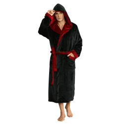 U2SKIIN Herren Kapuze Bademantel, Plüsch Bademäntel für Herren lange Fleece Bademantel Herren Plüsch Bademantel flauschig aus Flanell L-XL Schwarz/ Weinrot