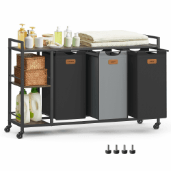 VASAGLE Wäschekorb 3 Fächer, Wäschesammler 150 L, Wäschesortierer, Rollen, Wäschewagen mit Ablagen, Wäschesack, mit abnehmbaren Taschen, 6 Etiketten, kastanienbraun-tintenschwarz-taubengrau BLH312B01 Kastanienbraun + Tintenschwarz + Taubengrau 150 L
