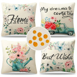 Outdoor Kissenbezug Blumen Dekorative Kissenhülle Sommer Wasserdicht Sofakissen Dekokissen Leinen Kissenbezug für Auto Home Bed Büro Cafe Balkon Terrasse Patio Garten 45x45 cm 4er Set Home Floral 45 x 45 cm, 4 Stück