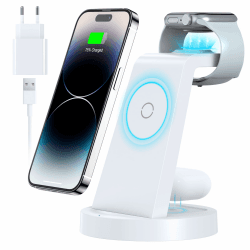 3 in 1 Ladestation Kabelloses Ladegerät - Schnelles Wireless Charger für iPhone 16 15 14 13 12 11 Pro SE X XS XR 8 & Apple Watch 9 8 7 6 SE 5 4 3 2 Air Pods Pro mit 18W Fast Adapter(Weiß)
