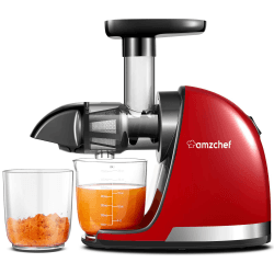 AMZCHEF Entsafter Gemüse und Obst Testsieger - Entsafter Slow Juicer mit Rückwärts-Kau-Funktion - Zartes Zerkleinern ohne Filtern - Saftpresse Elektrisch mit Bürste und 2 Tassen - Kirschenrot