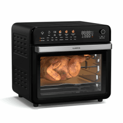Klarstein AirGlaze Digital Heißluftfritteuse – 34 L, 2200 W, 19 Programme, Rotisserie, Touch Display, 40-350 °C, Pizzastein & Grillroste, Doppelt Verglaste Tür, Schwarz Schwarz Digitale Farbsteuerung