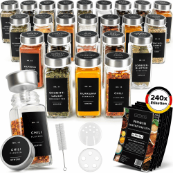 EDELHAUS Gewürzgläser Eckig Set mit Edelstahl Deckel (24 x 120ml) Gewürzstreuer mit Streueinsatz und 240 Etiketten Schwarz - Hochwertige Gewürzbehälter, Gewürzdosen, Gewürze organizer [10,7cm x 4,5cm]