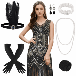 FEPITO 1920er Jahre Kleid mit V-Ausschnitt, Pailletten, Perlen und Fransen S Black And Gold（style 2）