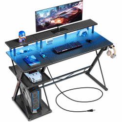 SEVEN WARRIOR Gaming Tisch mit LED & Steckdosen, 100 cm Computertisch mit Monitorständer & CPU Ständer, Schreibtisch mit 2 Haken & Fußstütze, perfekt für Schlafzimmer Büro,100 x 47 x 87 cm