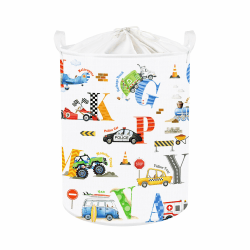 Clastyle 45L Buchstabe Baufahrzeug Bagger Junge Wäschekorb Bunt Rund Spielzeug Kleidung Aufbewahrungskorb für Kinderzimmer, 36x45 cm