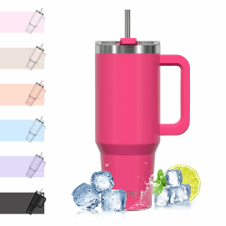 WATERSY 40oz Kaffeebecher to Go Thermobecher Doppelwandiger Edelstahl Vakuum Auslaufsicher Trinkbecher mit Griff und Strohhalm, Tragbare Autobecher Thermo Tumbler Dunkelrosa für Kalte Heiße Getränke 1182 ml Dunkelrosa