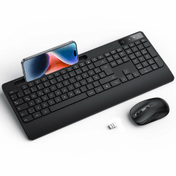Tastatur Maus Set Kabellos - OMOTON Ergonomische Kabellos Tastatur QWERTZ Deutsche Mit Handgelenkauflage, Funk Tastatur Leise 2.4G USB Wireless Keyboard and Mouse Set für PC/Windows- Schwarz DE Layout