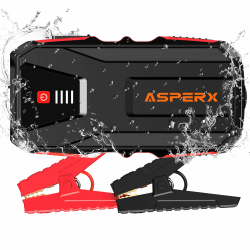 ASPERX Starthilfe Powerbank 3000A 12V(Bis Zu 10,0L Benzin oder 8,0L Diesel) Auto Starthilfe mit LED Taschenlampe, Kompass und IP64 Wasserdicht Starthilfegerät für PKW LKW UTV Van Motorrad 3000A Schwarz Rot