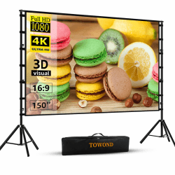 Beamer Leinwand mit Stand, Towond 150 Zoll tragbare Indoor Sitzungen Outdoor Partei Beamer Leinwand, faltenfrei 16:9 HD Faltbare Projektion Leinwand mit Tragetasche für Hinterhof Theater Nächte