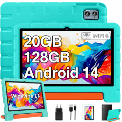 2025 Neueste Kinder Tablet 10 Zoll Android 14 Tablet, 20 GB RAM+128GB ROM(TF 1TB), 5G WIFI 6, Octa-Core, Widevine L1, Kindersicherung, 6000mAh, BT 5.0, GMS Certified Kids Tablet mit Eva Case - Grün