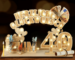 Giftota Original 40. Geburtstag Geldgeschenke Holz mit LED Lichterkette, Geschenke zum 40 Geburtstag Mann Frau, 40. Geburtstag Dekoration