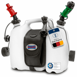 hünersdorff 804962 PROFI Doppelkanister / Kombikanister für Kraftstoff und Öl mit Satteltasche und zwei Einfüllsystemen, 6 + 3 Liter, UN-Zulassung, Made in Germany, Weiß