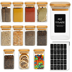 ComSaf 12 Stück Gewürzgläser mit luftdichtem Bambusdeckel, 250ml quadratische leere Gewürzflaschen mit 275 schwarzen Etiketten, Gewürzbehälter für Gewürzsalz, Zucker, Kaffeebohnen