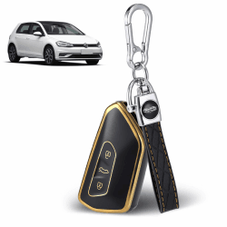 JIZZU VW Schlüssel hülle für VW Golf 8, ID.4, ID.3, Golf R, Golf GTI, Auto Schlüsselhülle für Skoda Octavia 4 IV Enyaq iV, Seat Leon MK4 Leon Tarraco Ateca, Schlüsselgehäuse Goldrand