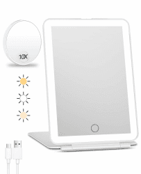 FUNTOUCH Wiederaufladbarer Kosmetikspiegel mit einem kleinen 10x Vergrößerungsspiegel, 2000mAh Reisespiegel mit Beleuchtung, 3 Farblichter Schminkspiegel, Ultraschlanker Tragbarer Make up Spiegel