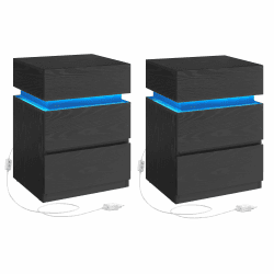 VASAGLE Nachttisch mit LED-Beleuchtung, 2er Set, Beistelltisch, einstellbare Farben, Sofatisch 3 Schubladen, Nachtschrank Schlafzimmer, modern, 35 x 40 x 55 cm, schwarz mit Holzmaserung LET799T56