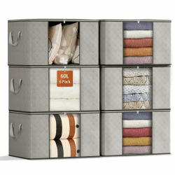 GoMaihe 6 Stück 60L Aufbewahrungstasche Groß Aufbewahrungsbox mit Deckel Verstärkte Griffe nicht leicht zu reißen, für Kleidung Bettdecken Kissen Aufbewahrung Boxen, Umzugskartons mit Fenster Faltbare