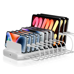 Alxum 60W USB Ladestation für Mehrere Geräte,10 Ports 5V/2.4A USB Handy Ladestation Mehrfach mit verstellbaren Trennwänden und Multiport-Schnellladestation für Tablet,Kindle,iPhone 10Ports USB A Weiß