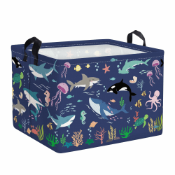 Clastyle Meerestiere Würfel Aufbewahrungskorb für Babyzimmer Hai Wal Blau Wasserdicht Rechteckig Stoff Regalkörbe Kleidung Spielzeug Kinder Aufbewahrungsbox, 40x30x30 cm