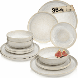 SÄNGER | Geschirrset Korfu 36 tlg, Tafelservice 12 Personen, Steingut Geschirr Handmade, Teller Set inkl. Essteller Dessertteller Tiefe Teller, Essgeschirr Creme Farben mit Sandiger Maserung