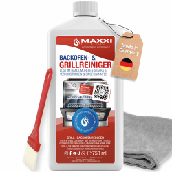 MAXXI CLEAN | Backofen & Grillreiniger - das Original | 1x 750 ml Gel, 1x Pinsel und 1x Microfasertuch | selbstarbeitender Reiniger und Fettlöser | für Herdplatte & Grill | löst Verkrustungen 3-teiliges Set