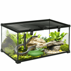 PawHut Terrarium für Reptilien Reptile Fütterungsbox Glasterrarium Amphibien Spinnentiere mit Thermometer Reptilienzuchtbox Metall Schwarz 50 x 30 x 25 cm