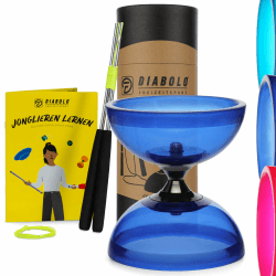 Diabolo Freizeitsport Jonglier-Set Pro Clear mit transparentem Diabolo (blau), UV-reaktiv für Schwarzlicht - mit Handsticks, Ersatzschnur (160cm) Ohne LED Kit