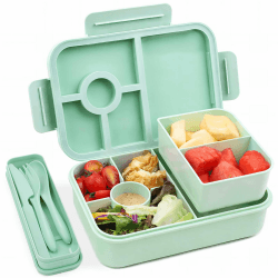 Bugucat Brotdose Kinder mit 5 Fächern 1300ML, Auslaufsicher Lunchbox Kinder, Bento Box Brotdosen mit Besteckset, Brotdose für Kinder und Erwachsene,Vesperdose Frühstücksbox für Mädchen & Jungen Grün