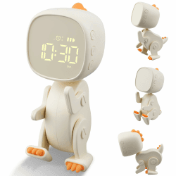 Ayybboo Digitaler Kinder Wecker Jungen Mädchen,Drei Alarmes,Dinosaurier Wecker mit Variabler Form,Schlummer, Nachtlicht Timer,6 Weckmusik,Einstellbare Helligkeit und Lautstärke,Interne Batterie（Beige）