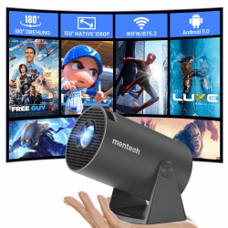 mentech Mini Beamer, 180° Drehbarer Mini Projektor mit WiFi und Bluetooth, 150" Smart-Projektor mit Android TV 11.0, 1080P, 2.4G/5G WiFi 6, Automatische Trapezkorrektur für Heimkino, Eisengrau
