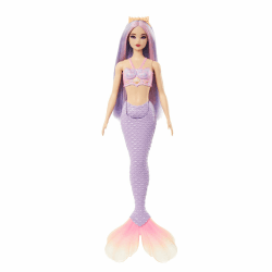 Barbie Meerjungfrau-Puppe mit fantasievollem Haar in Pink und Flieder mit Haarband, Puppe mit Muscheloberteil und lavendelblauer Schwanzflosse, HRR06