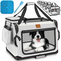 TRESKO® Hundebox faltbar inkl. Leckmatte, Spatel & Reflektoren M 61x42x42cm | Transportbox für Hunde und Katzen | Hundetransportbox Auto für kleine & große Hunde | Hundetasche robust Grau M (61x42x42cm) Grau