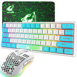 K61 UK-Layout 60% Gaming-Tastatur-Maus-Set Kabelgebundene 62 Tasten 7 RGB-LED-Hintergrundbeleuchtung 19 Tasten Anti-Ghosting+ 2400 DPI Ultraleichte Gaming-Maus mit Wabenschale+Mauspad-Weiß gemischt
